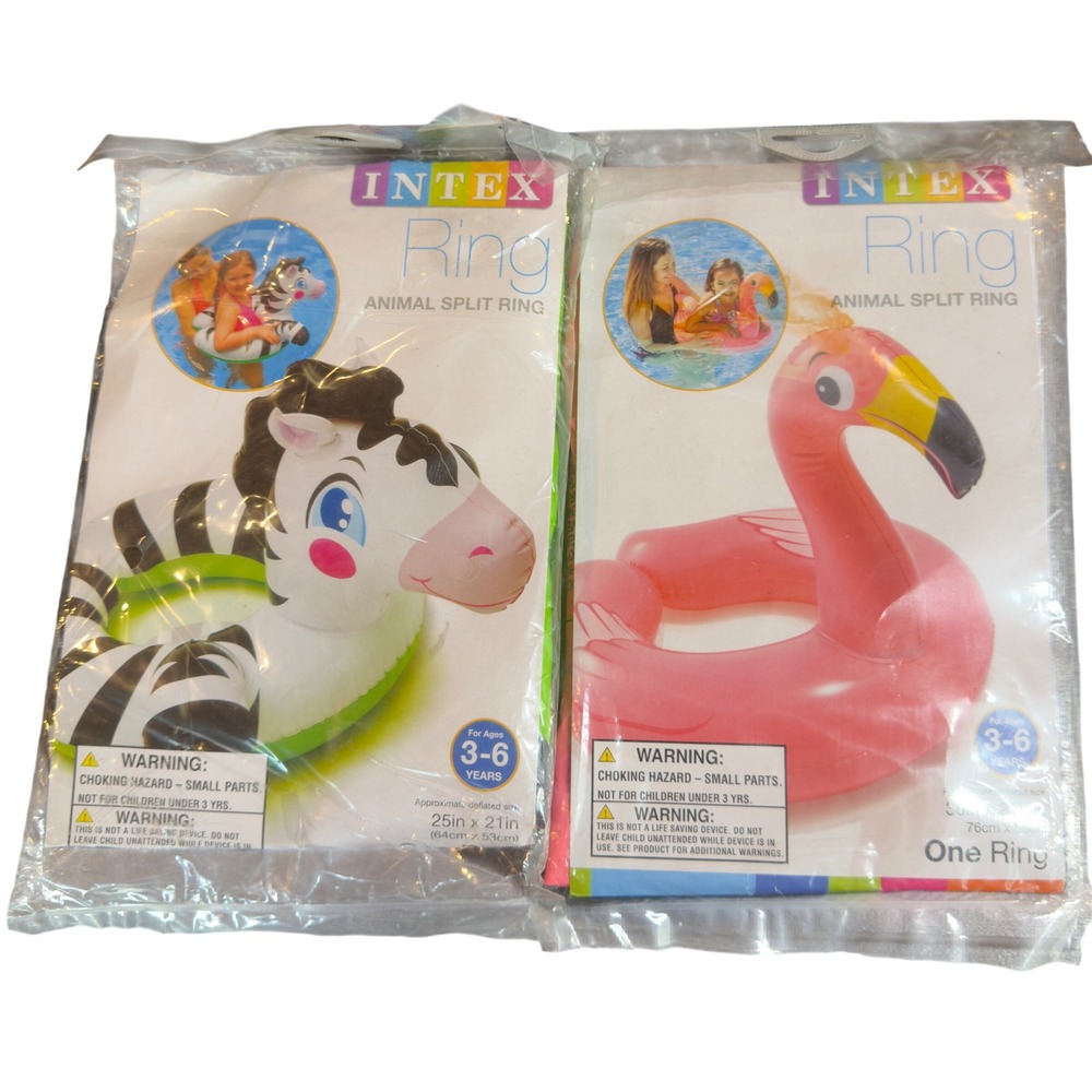NEW Intex Animal Split Ring Pool Floats Lot Of 2 Zebra and Flamingo Ages 3-6
